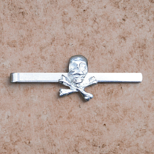 Skull and Cross Bone Tie Clip, Handcast Pewter Tie Clip, Polished Finish