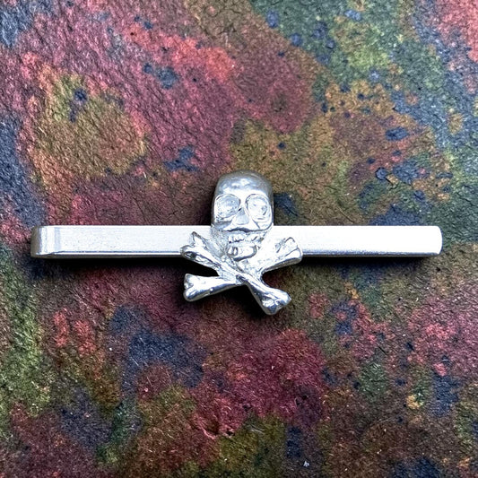 Skull and Cross Bone Tie Clip, Handcast Pewter Tie Clip, Polished Finish