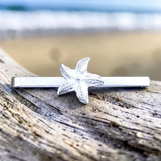 Starfish Tie Clip, Handcast Pewter Tie Clip, Polished Finish