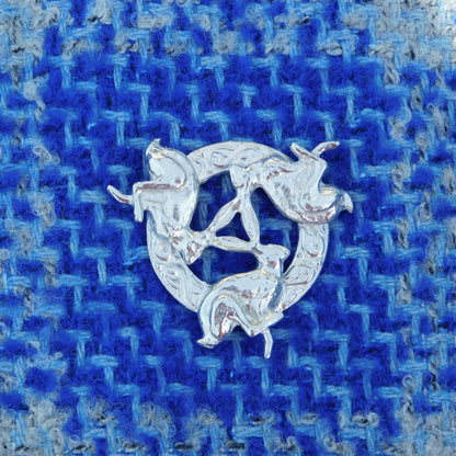 Three Hares Brooch (Anticlockwise, Celtic Circle), Handcast Pewter, Polished Finish