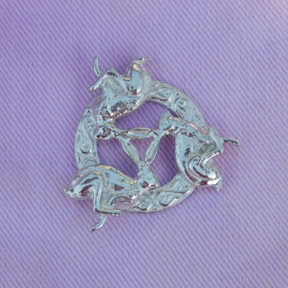 Three Hares Brooch (Anticlockwise, Celtic Circle), Handcast Pewter, Polished Finish
