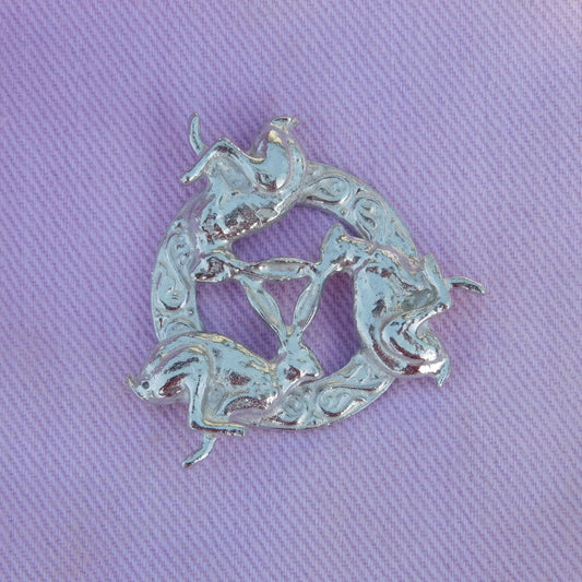 Three Hares Brooch (Anticlockwise, Celtic Circle), Handcast Pewter, Polished Finish