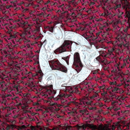 Three Hares Brooch (Anticlockwise, Celtic Circle), Handcast Pewter, Polished Finish