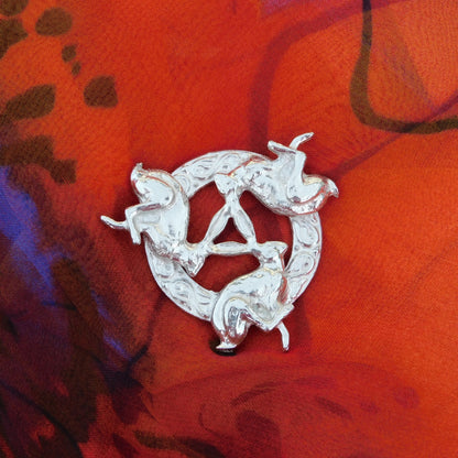 Three Hares Brooch (Anticlockwise, Celtic Circle), Handcast Pewter, Polished Finish