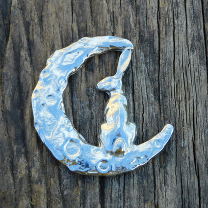 Hare Brooch (Crescent Moon, Rear View), Handcast Pewter, Polished Finish
