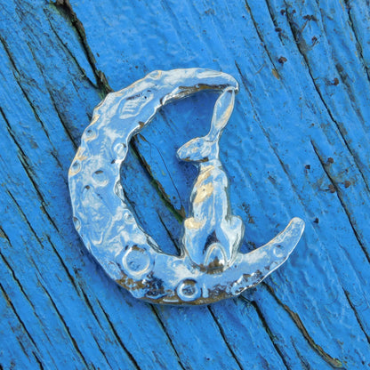 Hare Brooch (Crescent Moon, Rear View), Handcast Pewter, Polished Finish