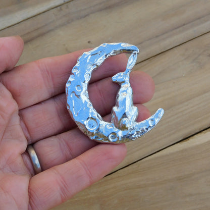 Hare Brooch (Crescent Moon, Rear View), Handcast Pewter, Polished Finish