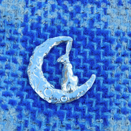 Hare Brooch (Crescent Moon, Rear View), Handcast Pewter, Polished Finish