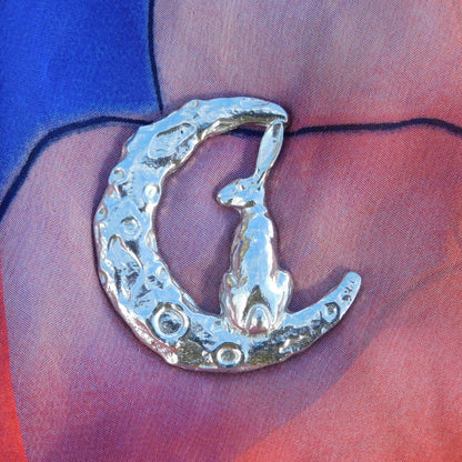 Hare Brooch (Crescent Moon, Rear View), Handcast Pewter, Polished Finish