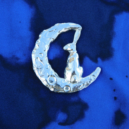 Hare Brooch (Crescent Moon, Rear View), Handcast Pewter, Polished Finish