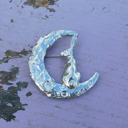 Hare Brooch (Crescent Moon, Rear View), Handcast Pewter, Polished Finish