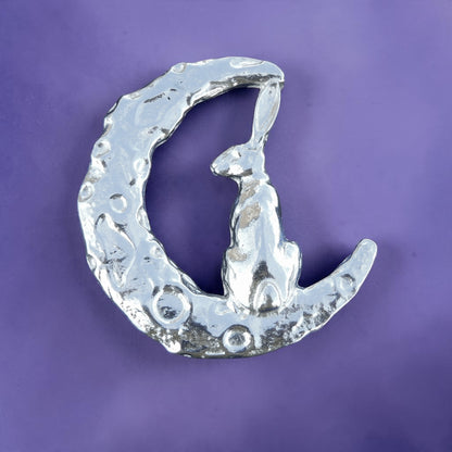 Hare and Moon Brooch (Rear View), Handcast Pewter, Polished Finish