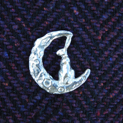 Hare Brooch (Crescent Moon, Rear View), Handcast Pewter, Polished Finish