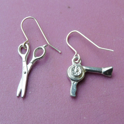 Hairdresser Earrings, Handmade Pewter Scissors and Hairdryer Drop Earrings