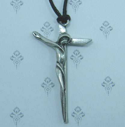 Crucifix Pendant Necklace, Handcast Pewter Cross with Christ Figure on Adjustable Waxed Cord