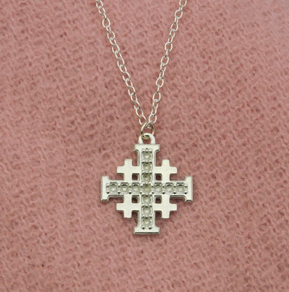 Jerusalem Cross Pendant, Dimpled Finish, Handcast Pewter, Polished, with Chain or Cord