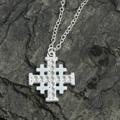 Jerusalem Cross Pendant, Dimpled Finish, Handcast Pewter, Polished, with Chain or Cord