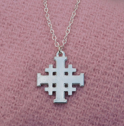 Jerusalem Cross Pendant, Handcast Pewter, Polished, with Chain or Cord