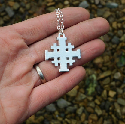 Jerusalem Cross Pendant, Handcast Pewter, Polished, with Chain or Cord