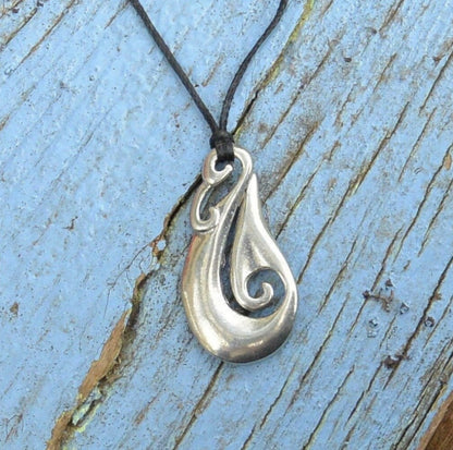 Fish Hook Pendant Necklace (Simple Curved Design), Maori-Inspired Handcast Pewter Pendant on Adjustable Waxed Cord