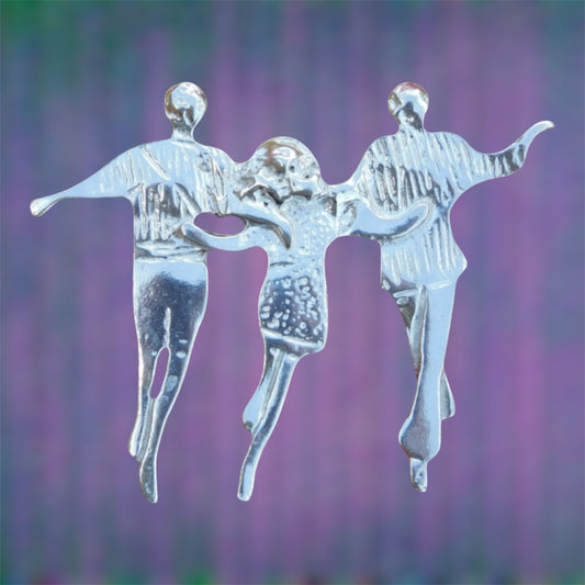 Dancing Figures Brooch, Handcast Pewter Brooch, Polished Finish