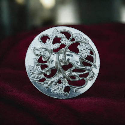 Dog Brooch (Hound in Brambles Design), Handcast Pewter Brooch, Polished Finish