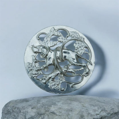 Dog Brooch (Hound in Brambles Design), Handcast Pewter Brooch, Polished Finish