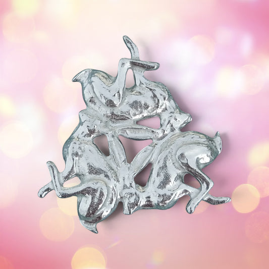 Three Hares Brooch (Clockwise), Handcast Pewter, Polished Finish