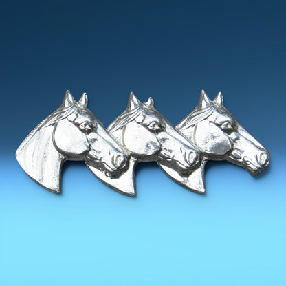 Three Horse Heads Brooch, Handcast Pewter, Polished Finish