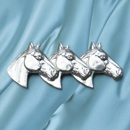 Three Horse Heads Brooch, Handcast Pewter, Polished Finish