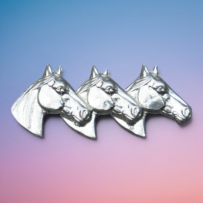 Three Horse Heads Brooch, Handcast Pewter, Polished Finish