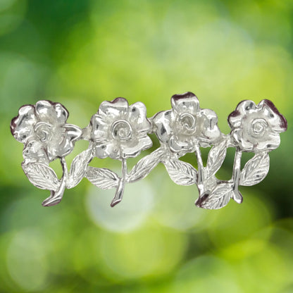 Forget-Me-Not Brooch (Four Flowers Design), Handcast Pewter Brooch, Polished Finish