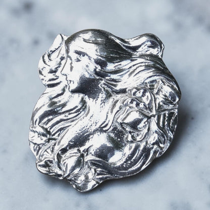 Art Nouveau Girl Brooch, Handcast Pewter, Polished Finish