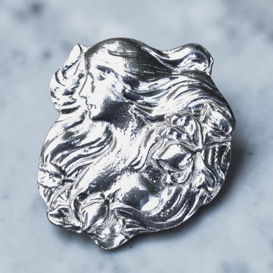 Art Nouveau Girl Brooch, Handcast Pewter, Polished Finish