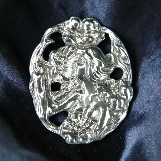Art Nouveau Girl With Flowers Brooch, Handcast Pewter, Polished Finish
