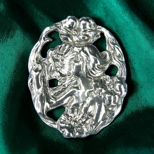 Art Nouveau Girl With Flowers Brooch, Handcast Pewter, Polished Finish