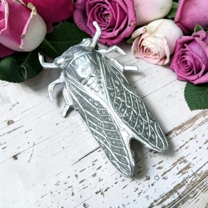 Cicada Brooch, Handcast Pewter, Polished Finish