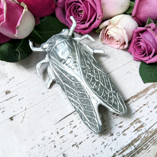 Cicada Brooch, Handcast Pewter, Polished Finish