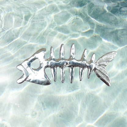 Fish Skeleton Brooch, Handcast Pewter Brooch, Polished Finish