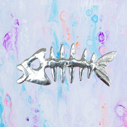 Fish Skeleton Brooch, Handcast Pewter Brooch, Polished Finish