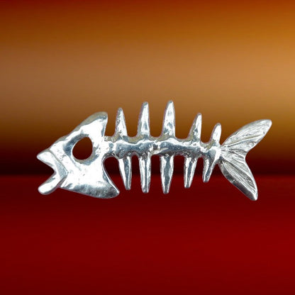 Fish Skeleton Brooch, Handcast Pewter Brooch, Polished Finish