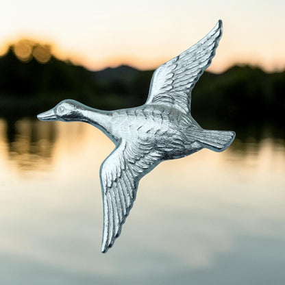 Flying Duck Brooch, Handcast Pewter Brooch, Polished Finish