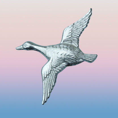 Flying Duck Brooch, Handcast Pewter Brooch, Polished Finish
