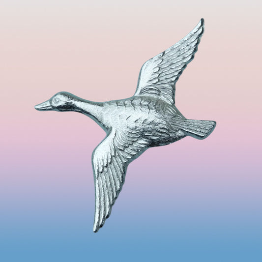 Duck Brooch, (Flying Duck), Handcast Pewter Brooch, Polished Finish