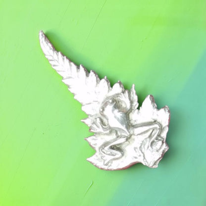 Silver Fern Brooch with Frog, Handcast Pewter, Polished Finish