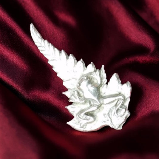 Silver Fern Brooch with Frog, Handcast Pewter, Polished Finish