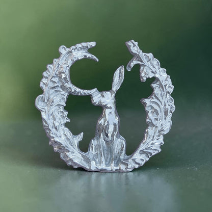 Hare Brooch (Woodland Glade, Front View), Handcast Pewter, Polished Finish