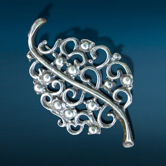 Ornate Scroll Leaf Brooch, Handcast Pewter, Polished Finish