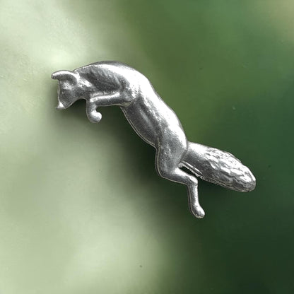 Fox Brooch (Leaping Fox), Handcast Pewter, Polished Finish