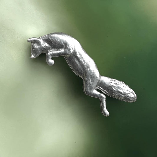 Fox Brooch (Leaping Fox), Handcast Pewter, Polished Finish